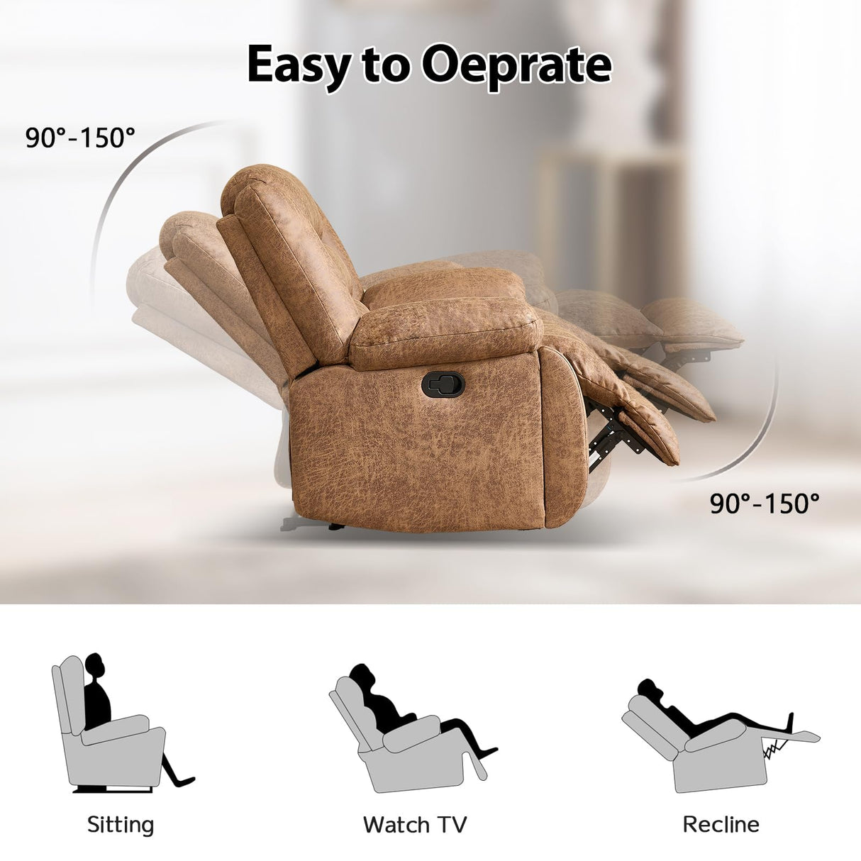 EBELLO Faux Leather Manual Reclining Sofa with 2 Concealed Cup Holders,Overstuffed Armrest 3 Seat Recliner Sofa, Couch for Living Room, Bedroom, Meeting Room, Light Brown(Sofa) EBELLO