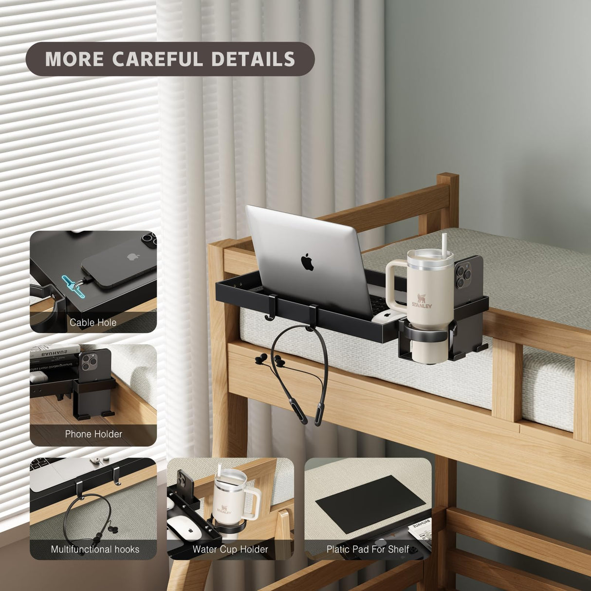 Magheo Bedside Shelf Metal,Bunk Bed Table Shelf for Top Bunk Heavy Duty Clip On Bed Side Table Tray for College Dorm Room,Loft Nightstand Organizer Tray with Removable Cup Holder & Phone Holder(Black) Magheo