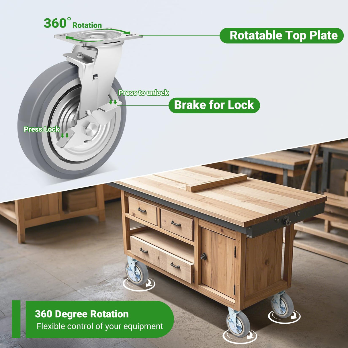 Nefish 8 Inch Heavy Duty Casters Wheels, Industrial Grade Thermoplastic Rubber Casters with Brake 6000 LBS, Ball Bearing Plate Swivel Castors Set of 4, Casters Wheels for Hand Truck, Industrial Nefish