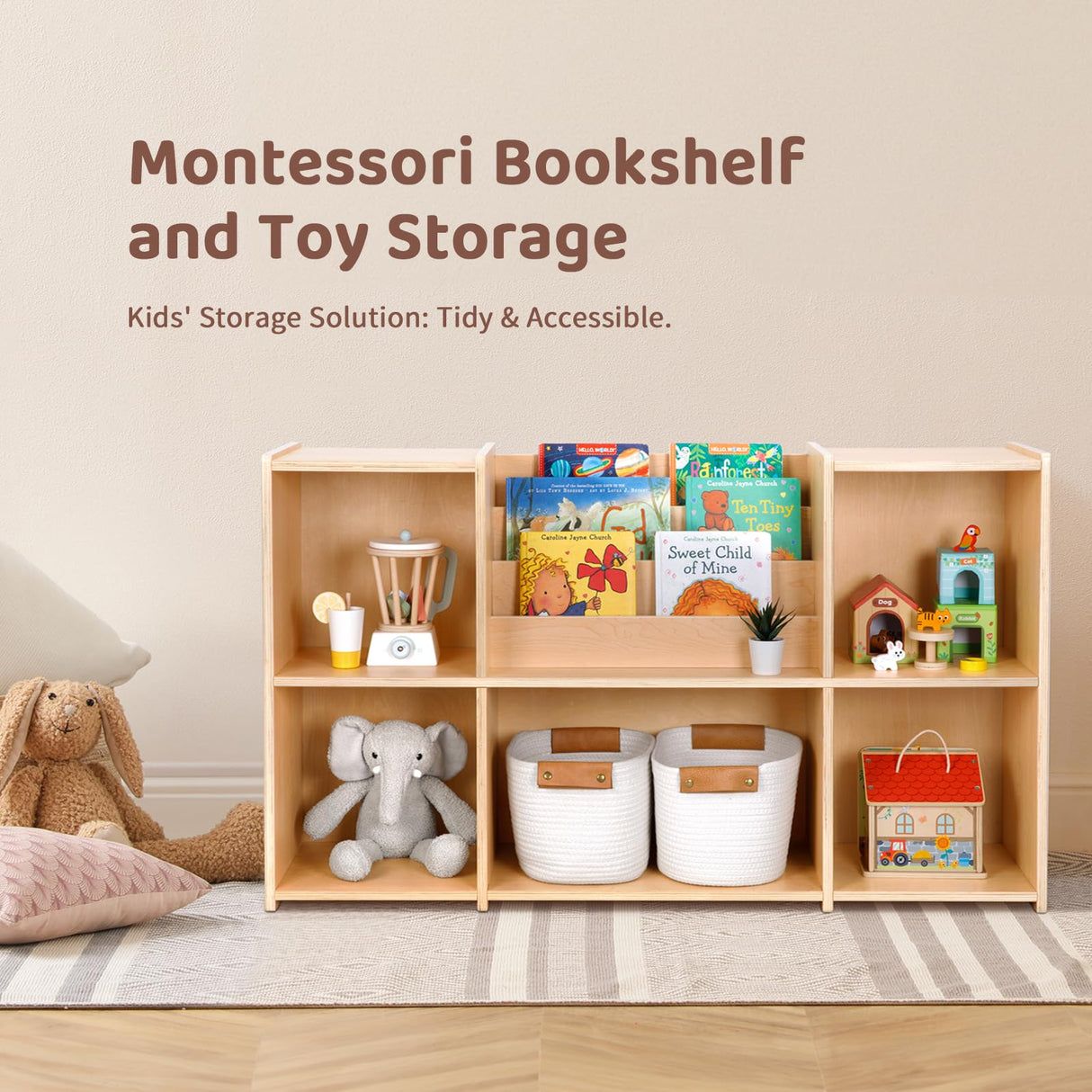 OOOK Montessori Bookshelf and Toy Storage Organizer, 2-Tier Horizontal Bookshelf, 5-Compartment Toy Storage Cabinet with Book Rack, Ideal Choice for Kids Classroom Organizer, Playroom and Daycare OOOK