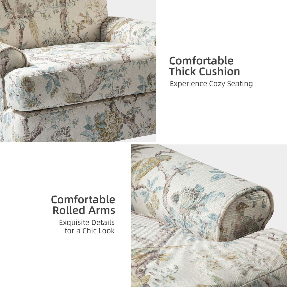 HULALA HOME Accent Chair with Solid Legs & Removable Cushion, Farmhouse Floral Comfy Upholstered Armchair, Leisure Single Sofa Chair for Living Room Bedroom HULALA HOME