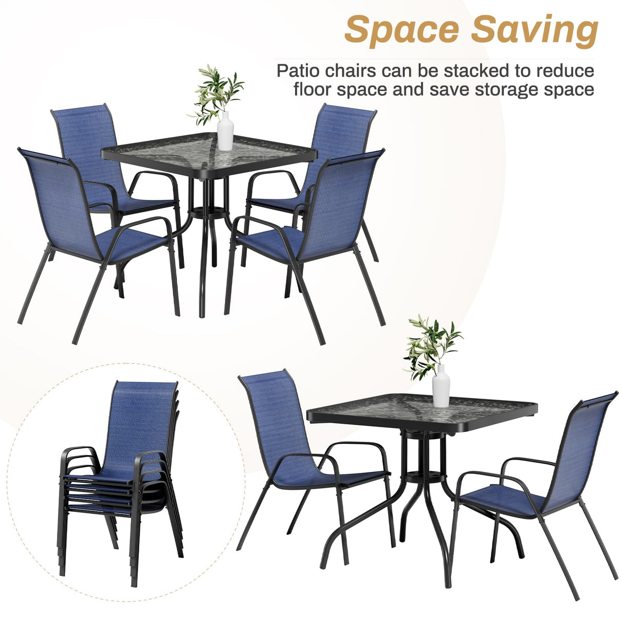 Arlopu 5 Piece Outdoor Patio Dining Set (Umbrella not Included), Porch Furniture with 4 Textline Chairs, 1 Square Glass Table for Garden, Backyard and Poolside, Lawn (Navy Blue) Arlopu