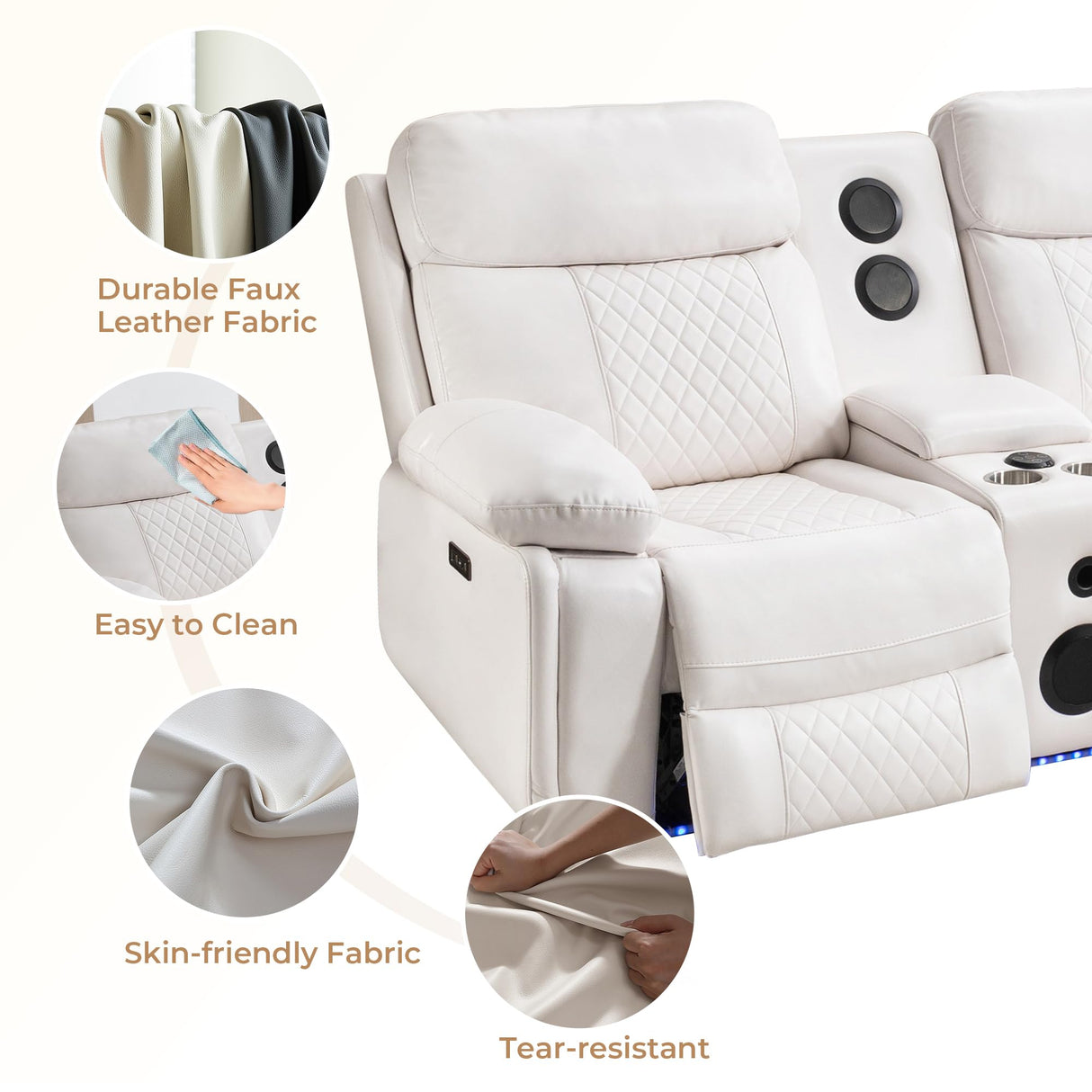 Power Recliner Sectional Sofa Wall Hugger with Bass Speakers,LED Strip,USB Ports,Storage Console,Cup Holders,Faux Leather Reclining Sectional Couch with 2 Recliners for Living Room,5 Seats,White Comfort Stretch