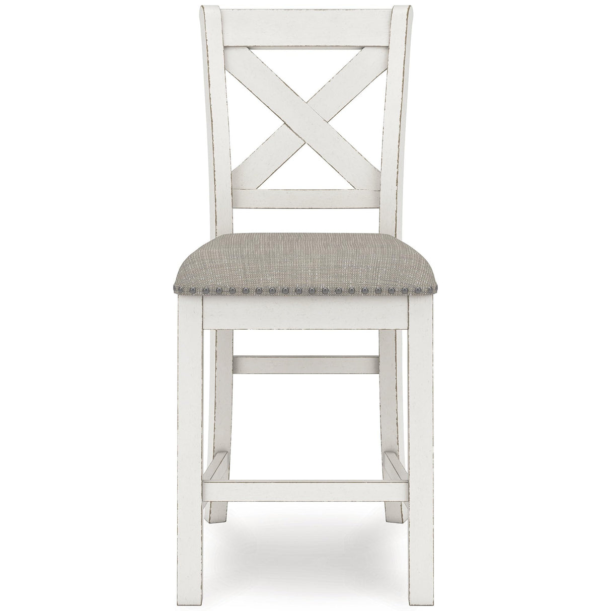Signature Design by Ashley Robbinsdale Farmhouse Upholstered Barstool, Set of 2, X-Back, Nailhead Trim, Wood, 24.75" H, White & Light Gray Signature Design by Ashley