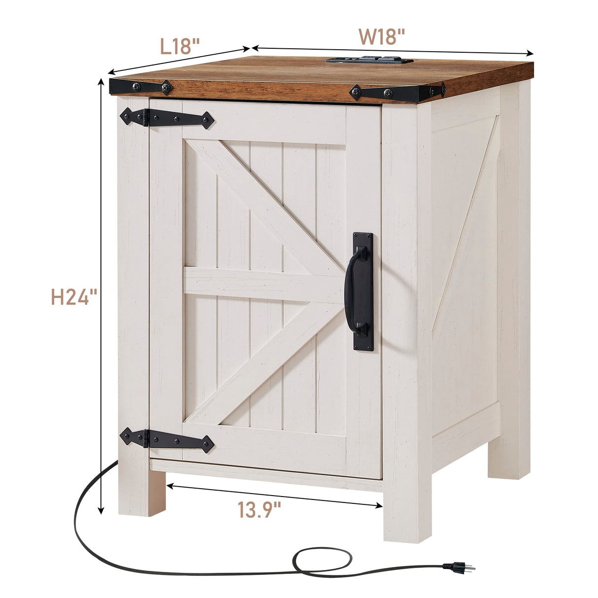OKD Nightstand with Charging Station, 18 Inch Farmhouse End Table with Barn Door and Adjustable Storage Shelf, Rustic Wood Sofa Side Table w/Magnetic Door for Living Room, Bedroom, Antique White OKD