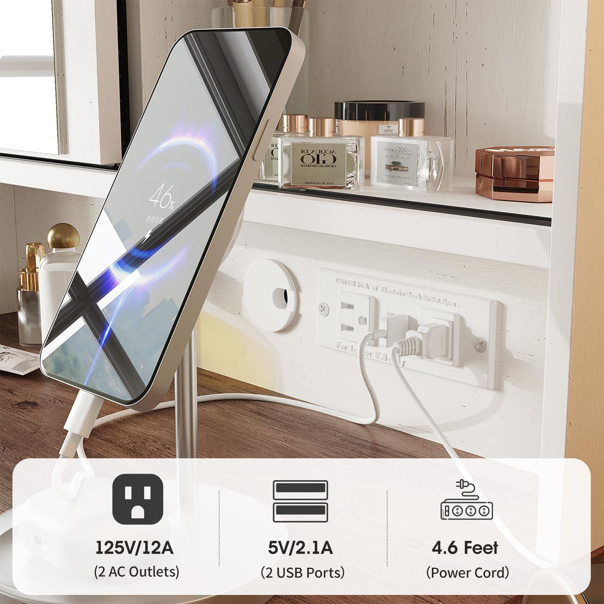 Maupvit Farmhouse Makeup Vanity Desk with Sliding Mirror, 45.5'' Vanity Set with 3 Drawers & 2 RGB LED Cabinets & Charging Station, Ample Storage, Stool Included, Antique White Maupvit