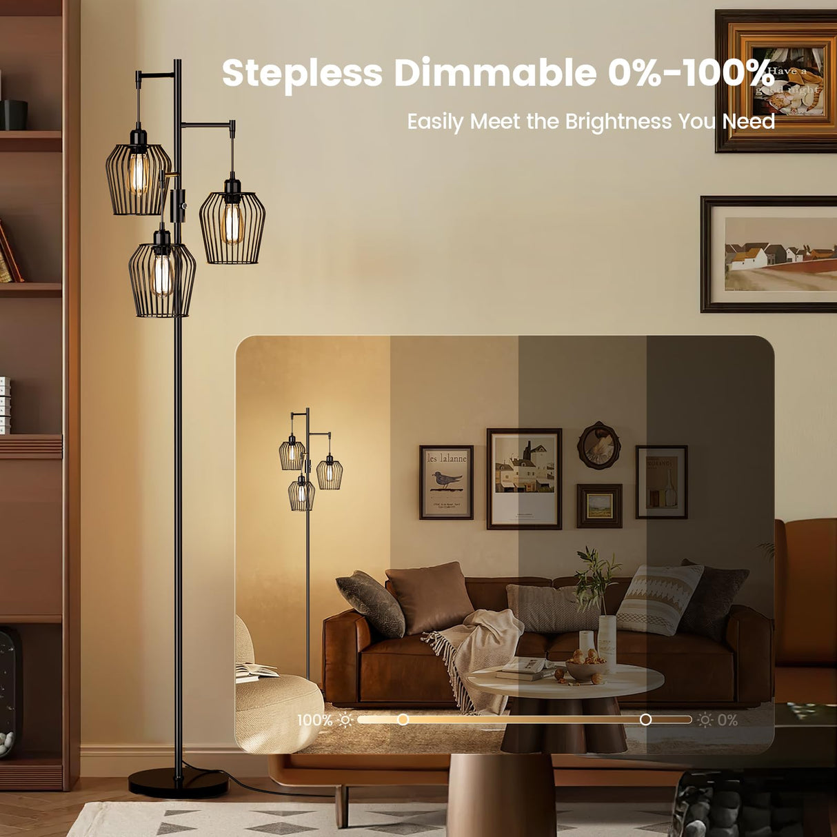 SIBRILLE Dimmable Floor Lamp, Farmhouse Industrial Floor Lamp with Elegant Cage & 3 x 1000LM LED Bulbs, Tall Standing Lamp Modern Floor Lamp Black Tree Floor Lamps for Living Room Bedroom Office SIBRILLE