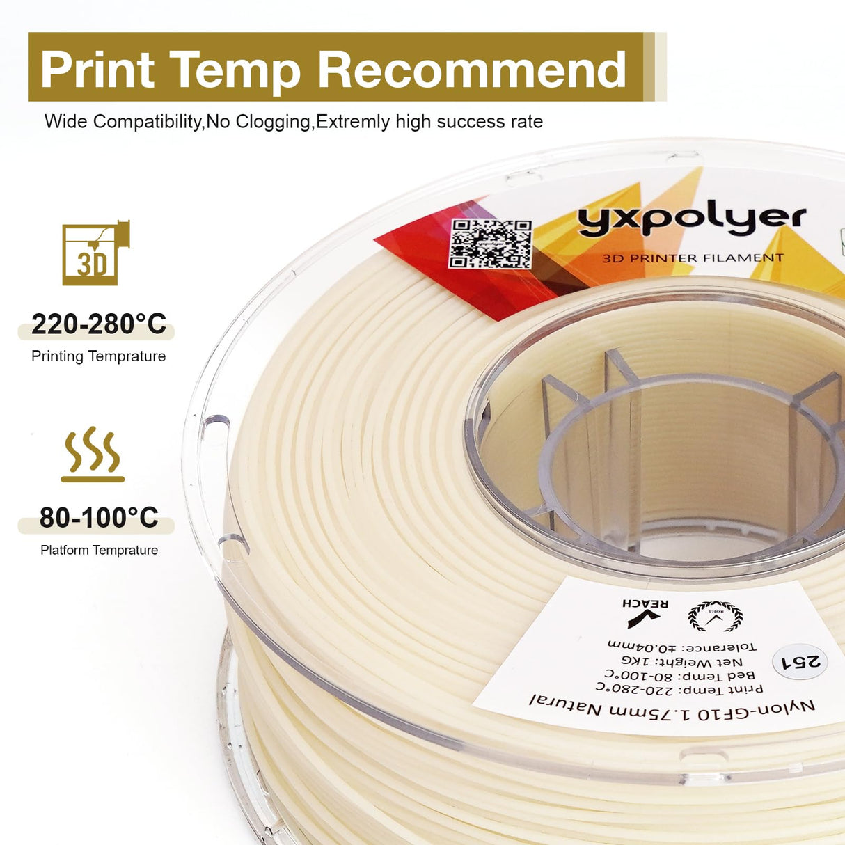 Nylon Glass Filled Filament Nylon Glass Fiber 3D Printer Filament PA6-GF 1kg with AMS-Compatible Reusable PC Spool, Dyable Nautre White (Nature White) yxpolyer