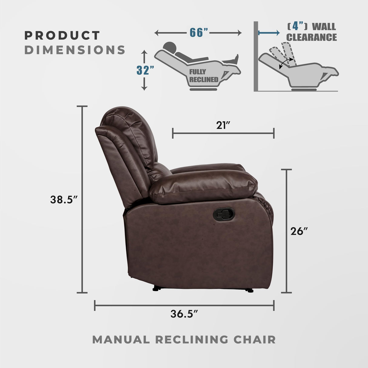 Lexicon Humphreys Faux Leather Wall Hugger Recliner Chair for Living Room, Office, RV - High-Density Foam, Sturdy Solid Wood Frame - Chairs Living Room, Recliners for Small Spaces - Brown Lexicon