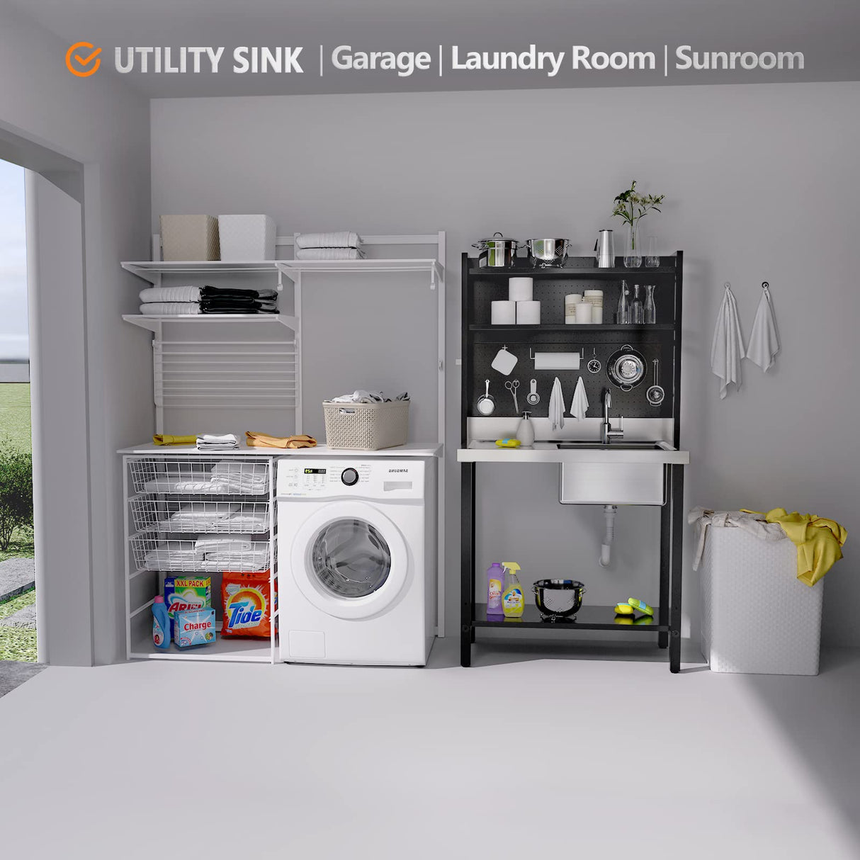 VINGLI 67'' Commercial Sink with Drainboard and Adjustable Shelves Pegboard for Hanging Tools, 304 Stainless Steel Table Freestanding Utility Counter Restaurant, Garage Silver & Black 1 VINGLI