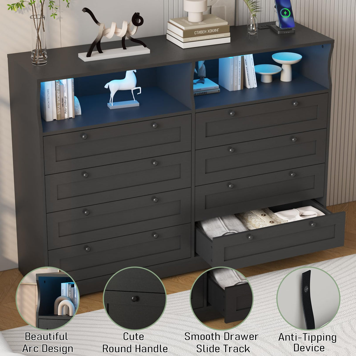 GarveeHome 55" W Black Dresser for Bedroom, 8 Drawer Dresser with Led Lights and Charging Station, Large Chest of Drawers Storage Organizer with Storage Shelves for Living Room, Entryway GarveeHome