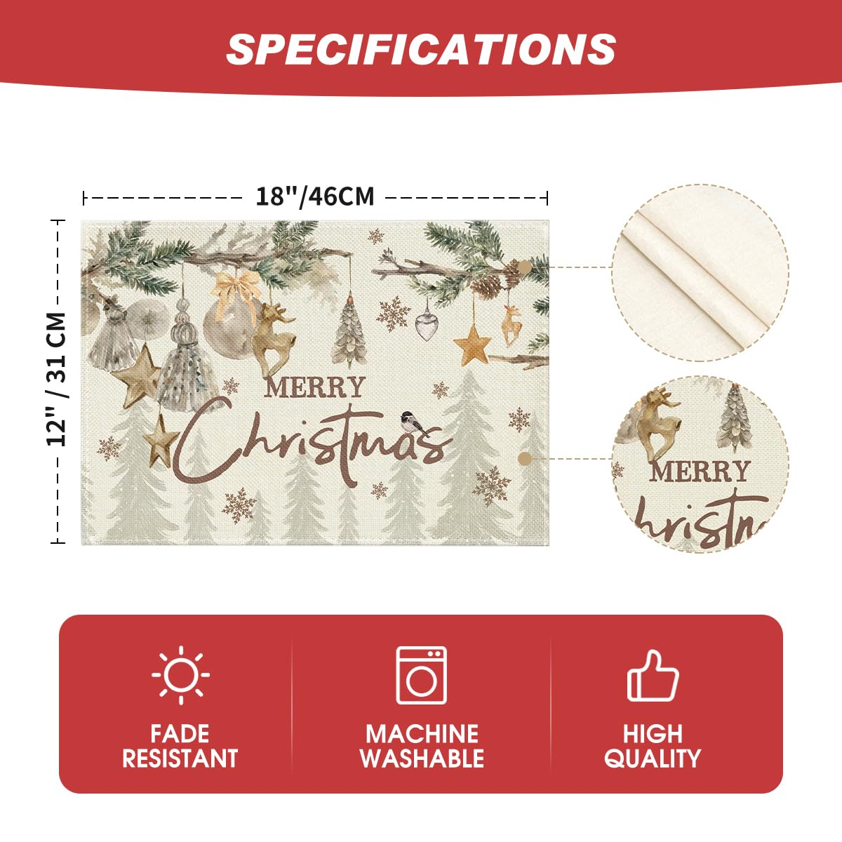 Artoid Mode Pine Branch Ornament Merry Christmas Placemats Set of 4, 12x18 Inch Seasonal Winter Table Mats for Party Kitchen Dining Decoration Artoid Mode