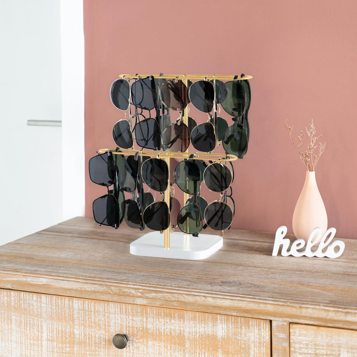Mkono Sunglasses Organizer Glasses Holder Stand for 24 Pairs of Eyewear, 2 Tier Sunglass Storage Eyeglasses Display Rack Metal Frame with Wood Base for Table Desk Countertop Dresser Bedroom, Gold Mkono