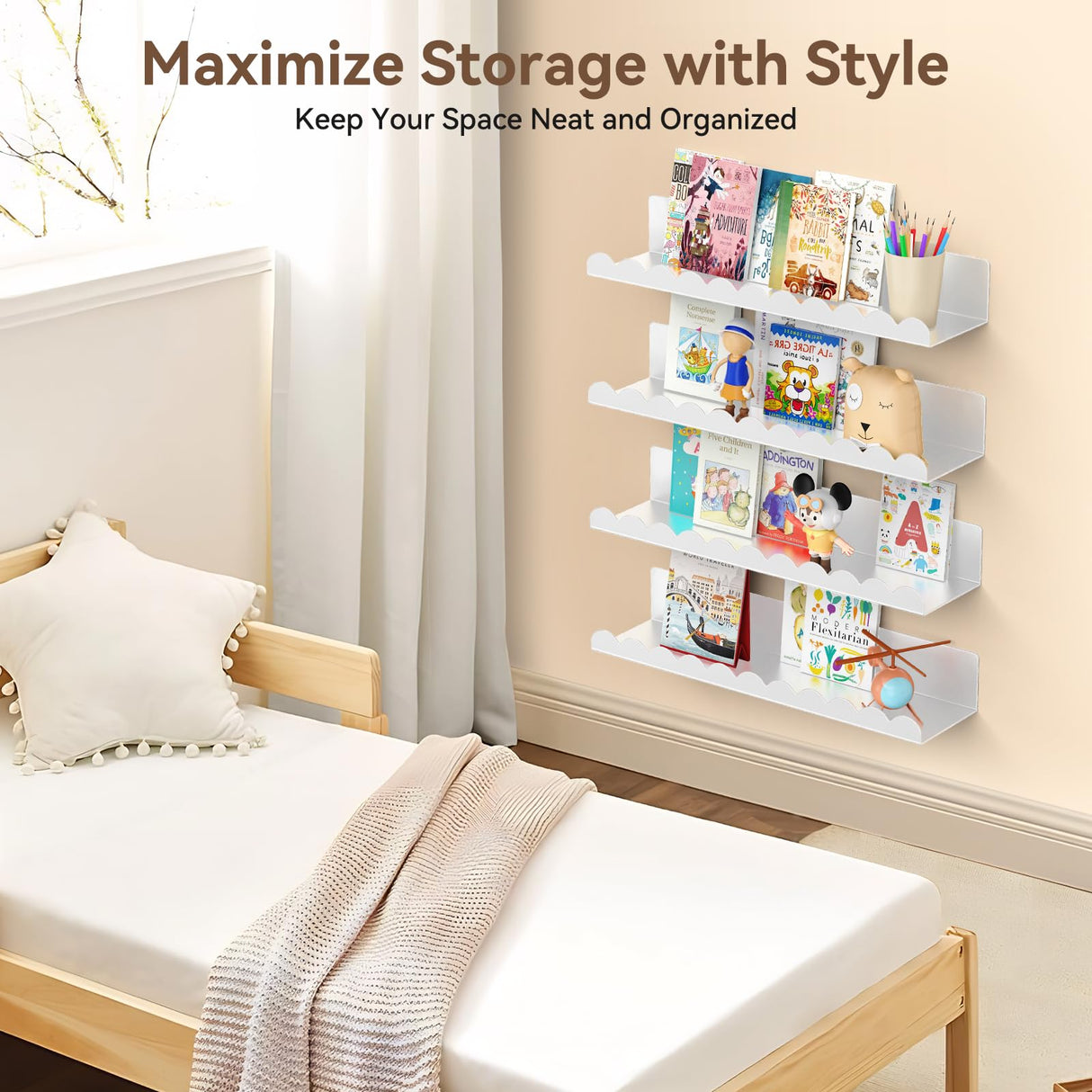 Gattlukd Nursery Book Shelves, 17 Inch White Metal Floating Shelves for Wall 4 Pack, Wall Mounted Book Shelf for Kids Room, Bedroom, Bathroom, Playroom Decor Gattlukd