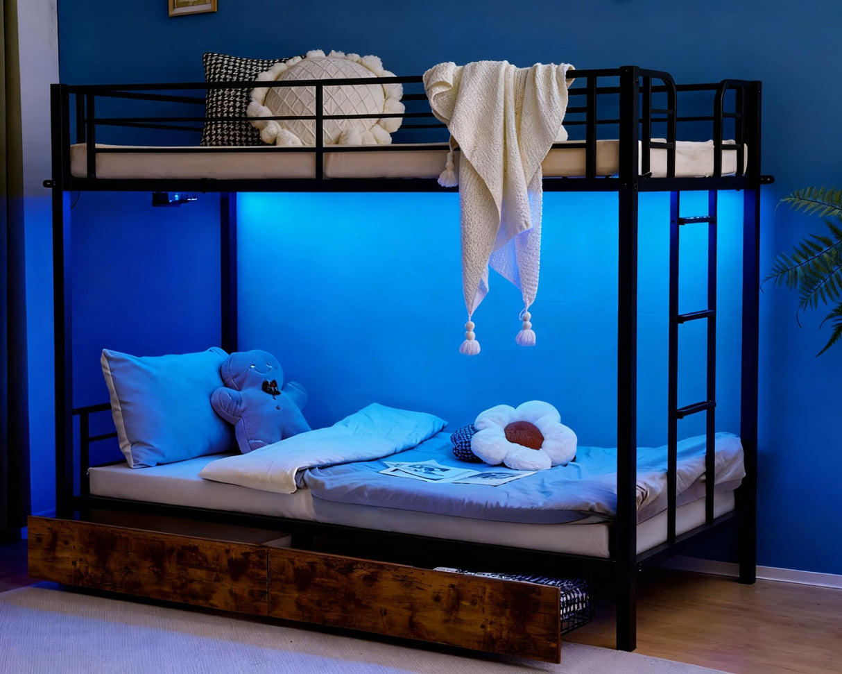 VINGLI Metal Bunk Bed Frame Twin Over Twin with 2 Drawers, LED Lights, Non-Slip Ladder, Full Length Guardrail, Charging Station, for Kids, Teens & Adults, Space-Saving, No Box Spring Needed, Black VINGLI