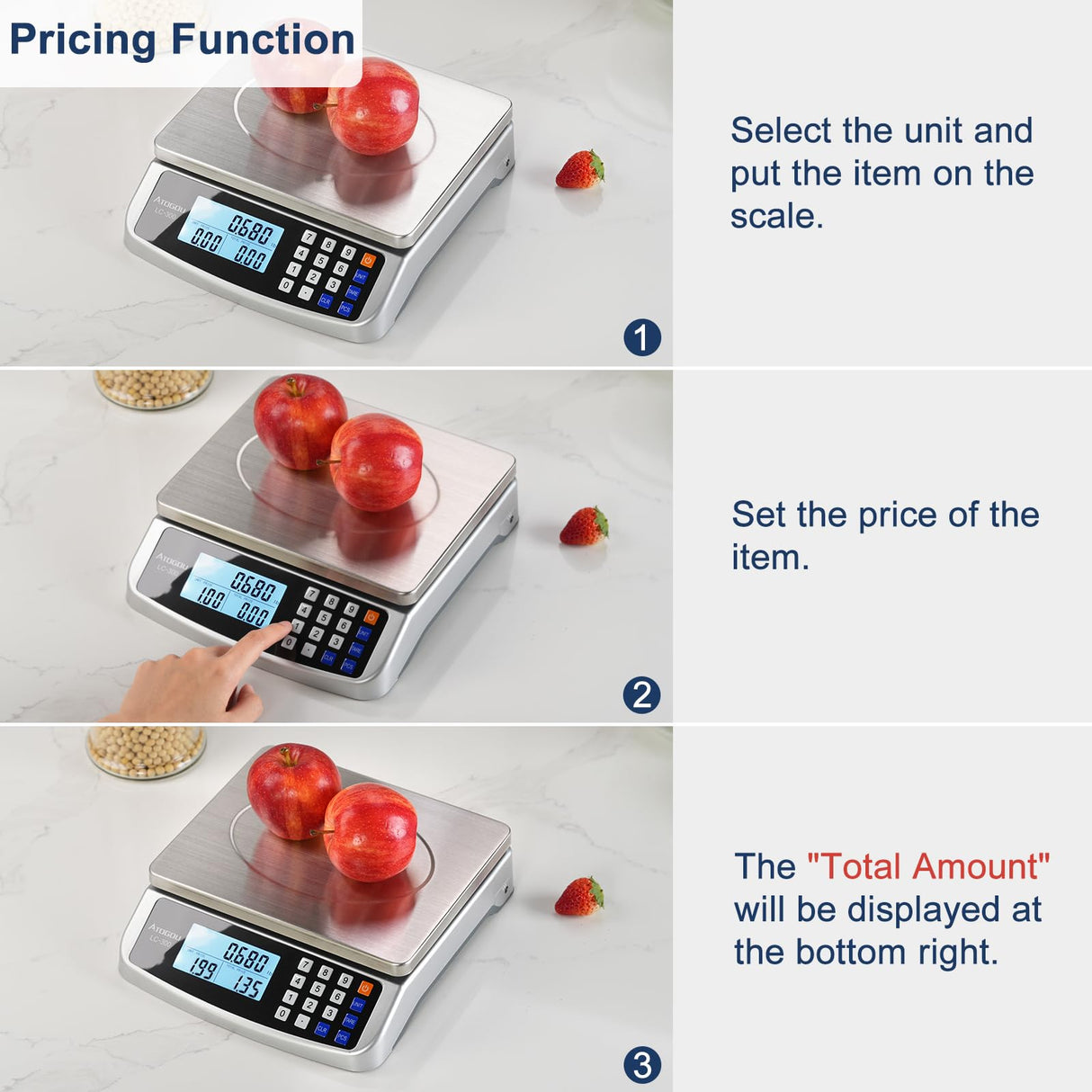 ATOGOU 66lb Food Scale, Commercial Kitchen Scale with Price Computing, Plug-in Usable, 0.05oz/1g, 304 Stainless Steel, for Cooking, Vegetables, Farm, Industry, Counting. LC300 Silver Atogou