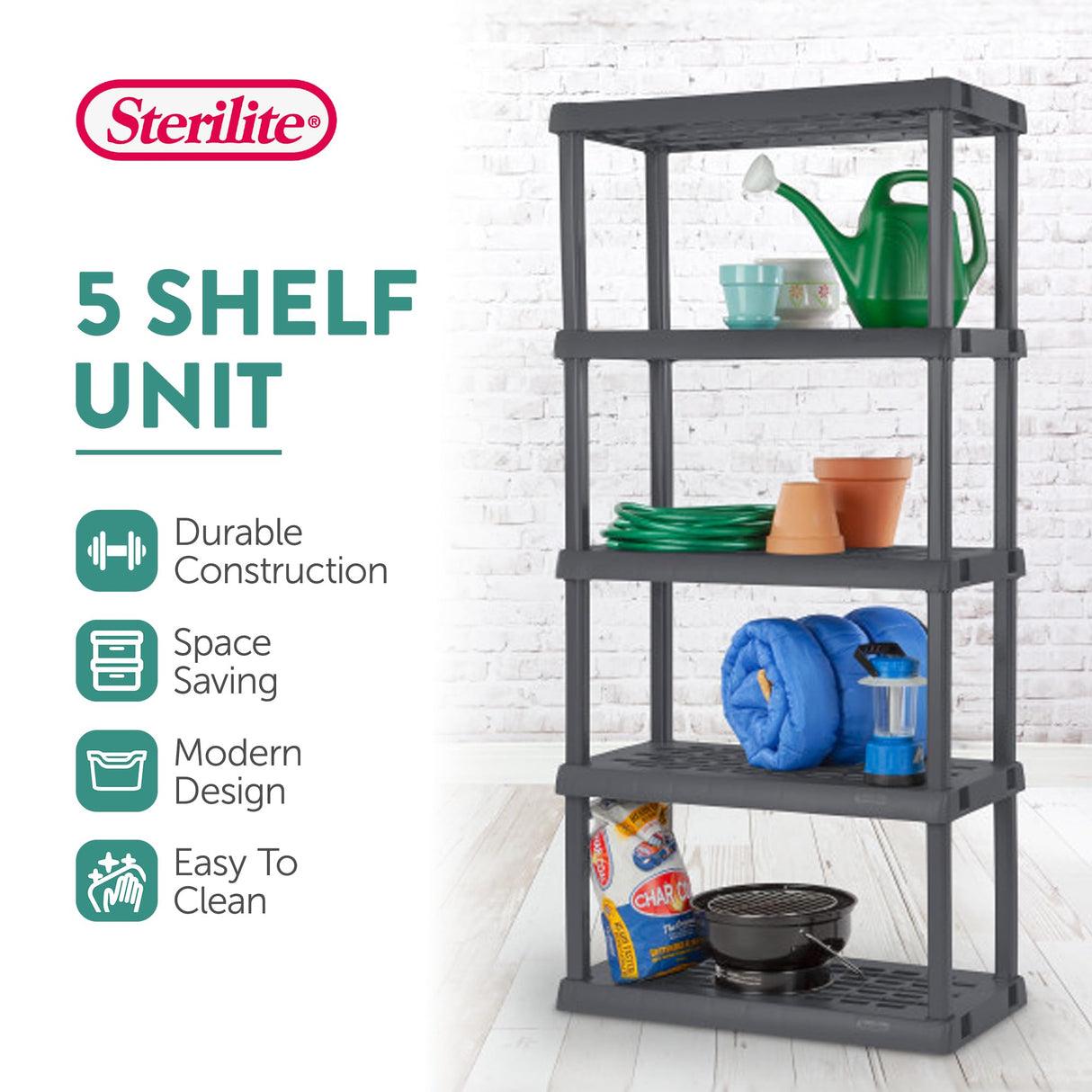 Sterilite 2-Pack 5 Shelf Unit, Heavy-Duty Shelving Storage Rack for Home and Garage, Gray - Multipurpose Plastic Organizer Shelves for Smart Organization Sterilite