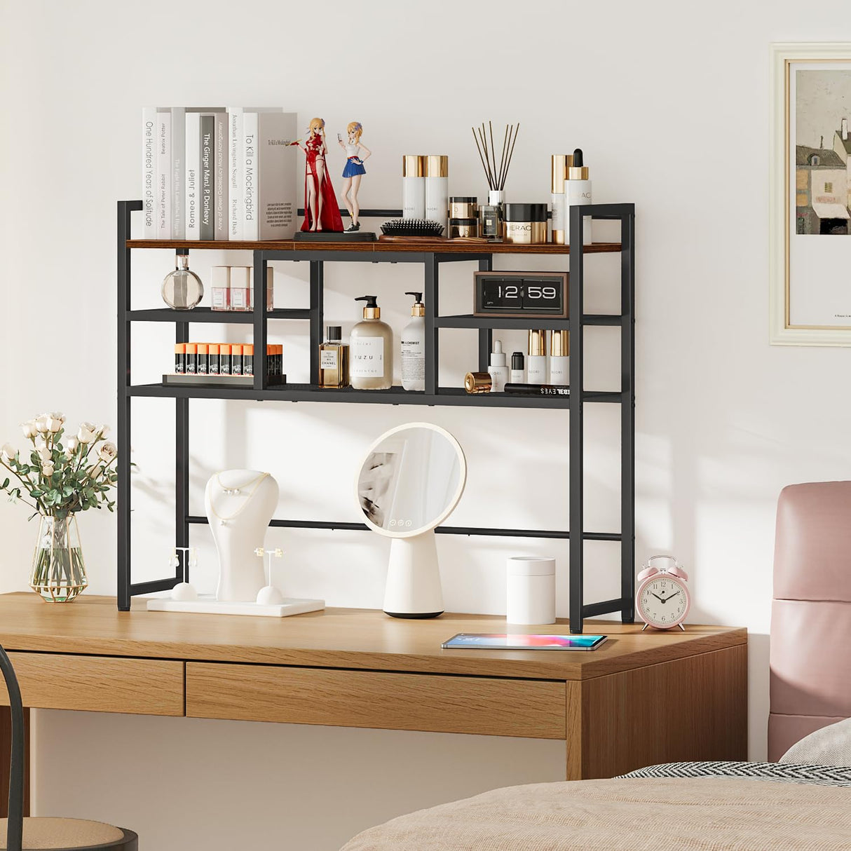 Snughome Desk Shelf, 38.6" Desktop Bookshelf, Desk Hutch Dorm, Countertop Storage Hutch with 5 Shelves for Computer Desk, Multipurpose Wood Desktop Display Organizer Rack for Home Office Dorm Snughome