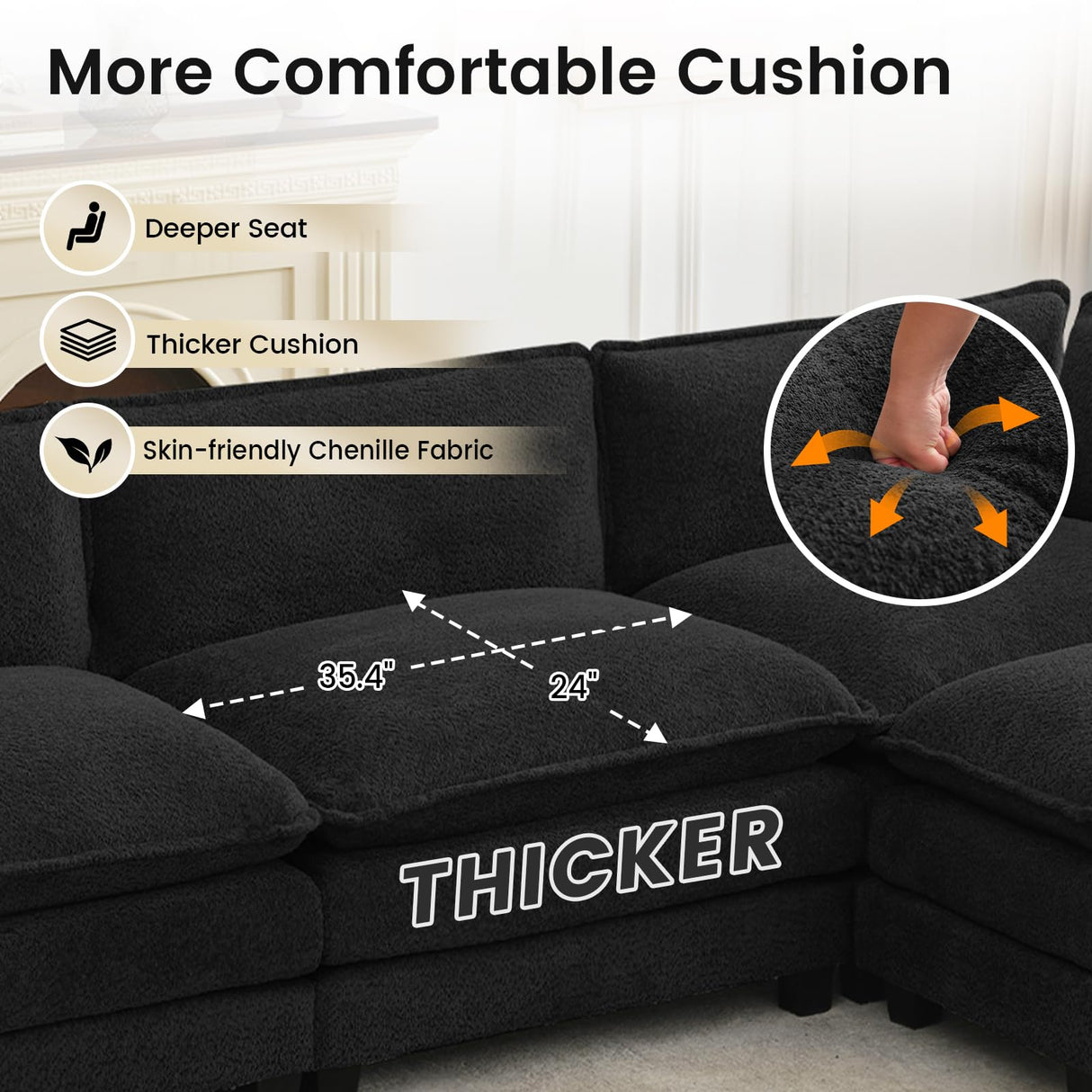 ROWHY Oversized Modular Sectional Couch with Movable Ottoman, 112" Modern Convertible L Shaped Sofa Set, 4 Seat Comfy Cloud Couch with 2 Throw Pillows, for Living Room and Office, Chenille, Black ROWHY