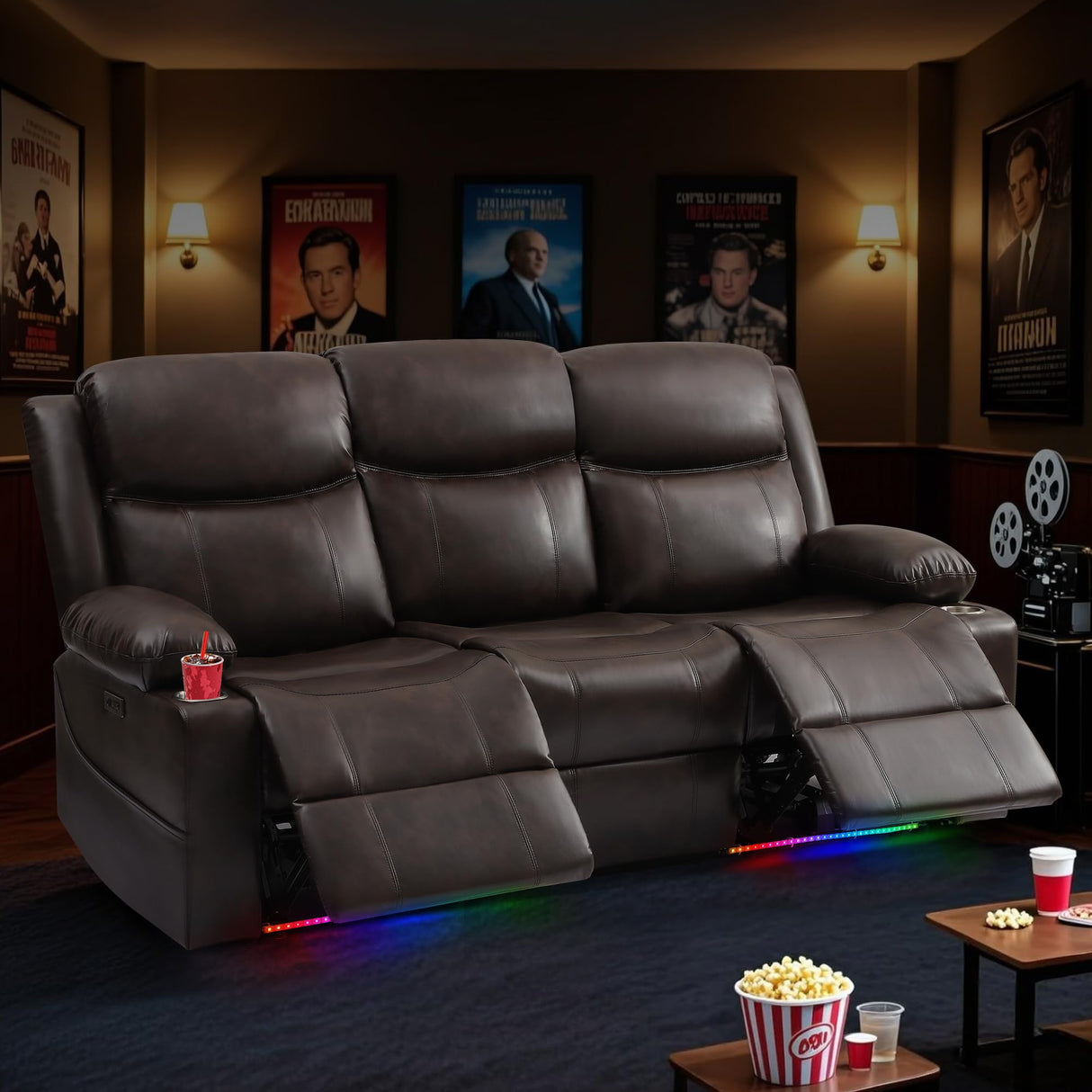 Power Recliner Sofa with LED Lights, USB Charging & Console – PU Leather Wall Hugger Couch for RV, Home Theater & Living Room Electric Reclining Sofa with Cup Holders& Zero-Wall Clearance Design LURVIA