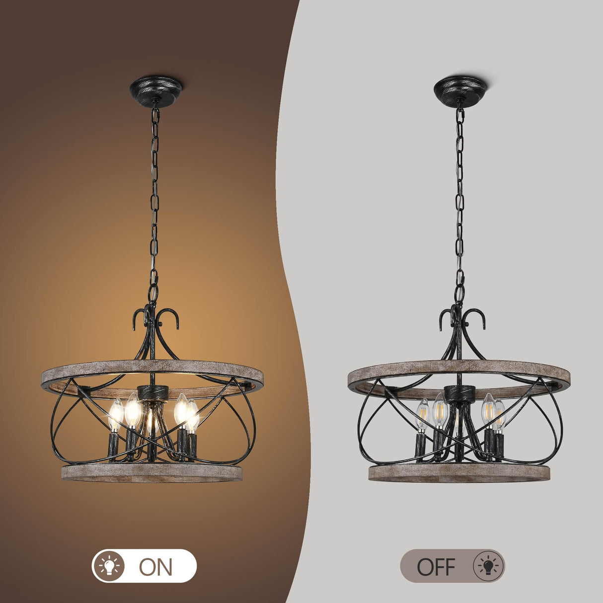 Dawn Whisper Farmhouse Chandelier, 20" Rustic Drum Chandelier Light Fixture Over Table, 5 Light Wood Chandeliers for dining room Dawn Whisper