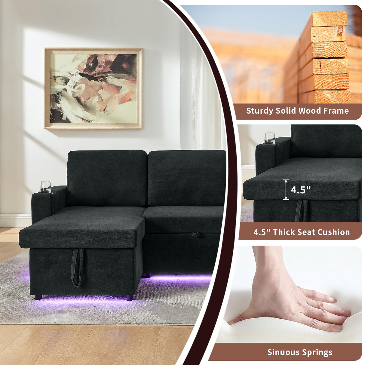 KCGKCG Sleeper Sofa Bed, 85" Pull Out Couch Bed with Reversible Storage Chaise for Living Room, L Shaped Sleeper Sofa with Retractable Table, Charging Station, Cup Holder & LED Lighting, Black KCGKCG