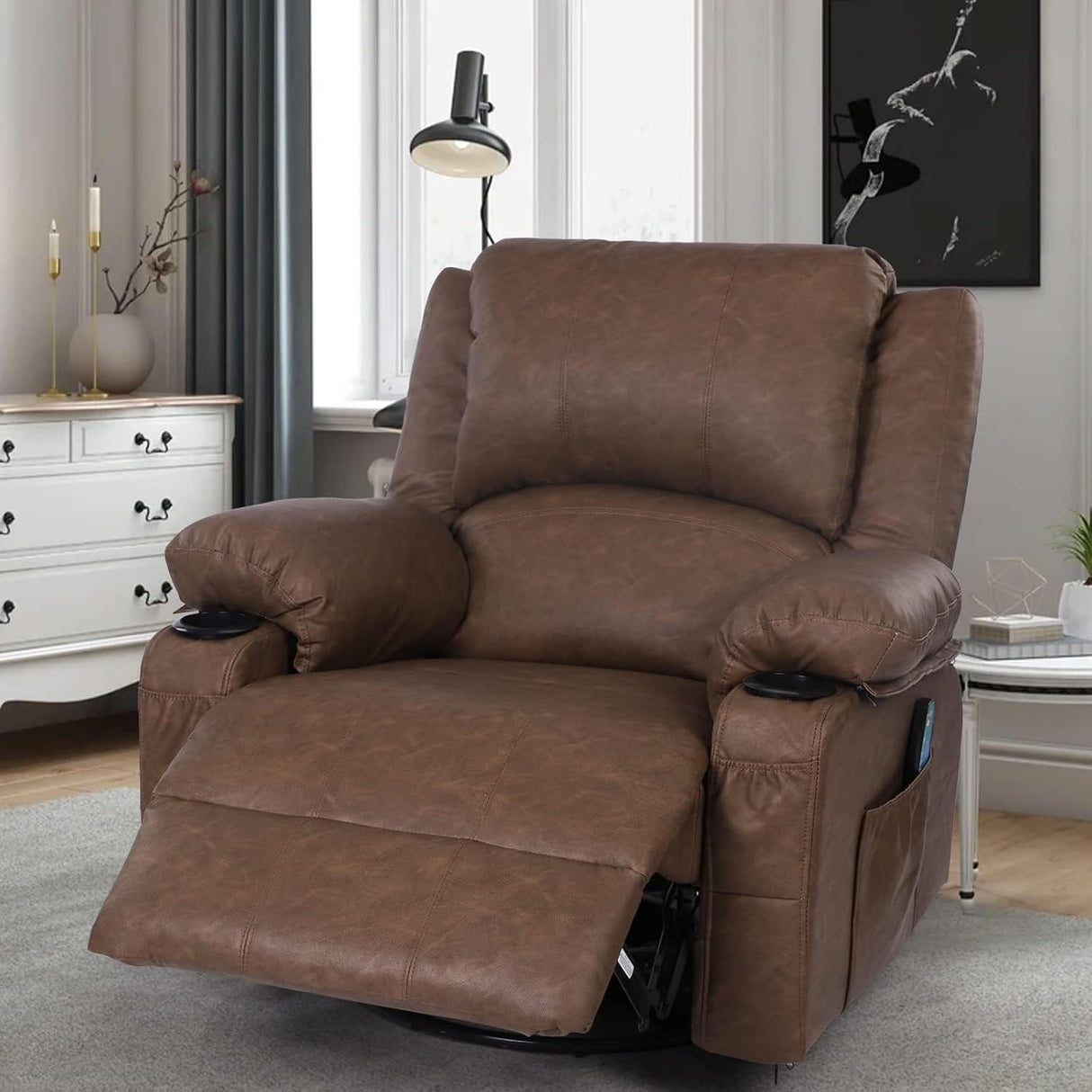 Rocker Recliner Chairs with Massage and Heat, Overstuffed Leather Swivel Recliner Chairs for Adults, Manual Rocking Single Sofa Lounge Chair Recliners with Cup Holders for Living Room,Men,Women,Brown KCREAM
