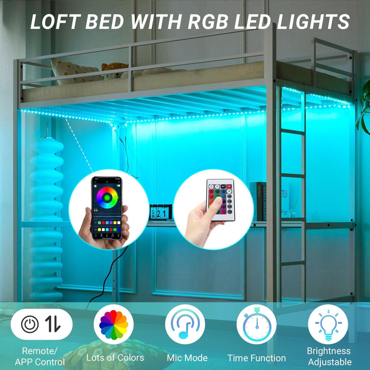 Karl home Twin Metal Loft Bed with Desk, with Power Outlet and LED Lighted, Safety Guardrail & Ladder, Space Saving, No Noise, No Box Spring Needed, White Karl home