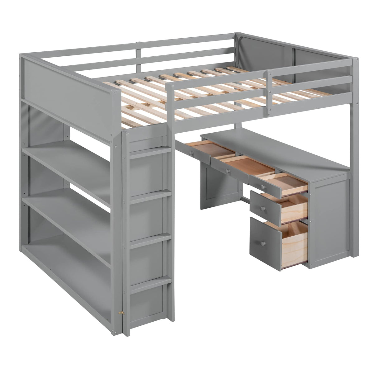Full Loft Bed with Desk and Storage Bookcase Shelves,Solid Wood Loft Bed Frame with Storage Drawers and Built-in Ladders,Muti-functional High Loft Bed for Kids Boys Girls Teens(Grey) Harper & Bright Designs