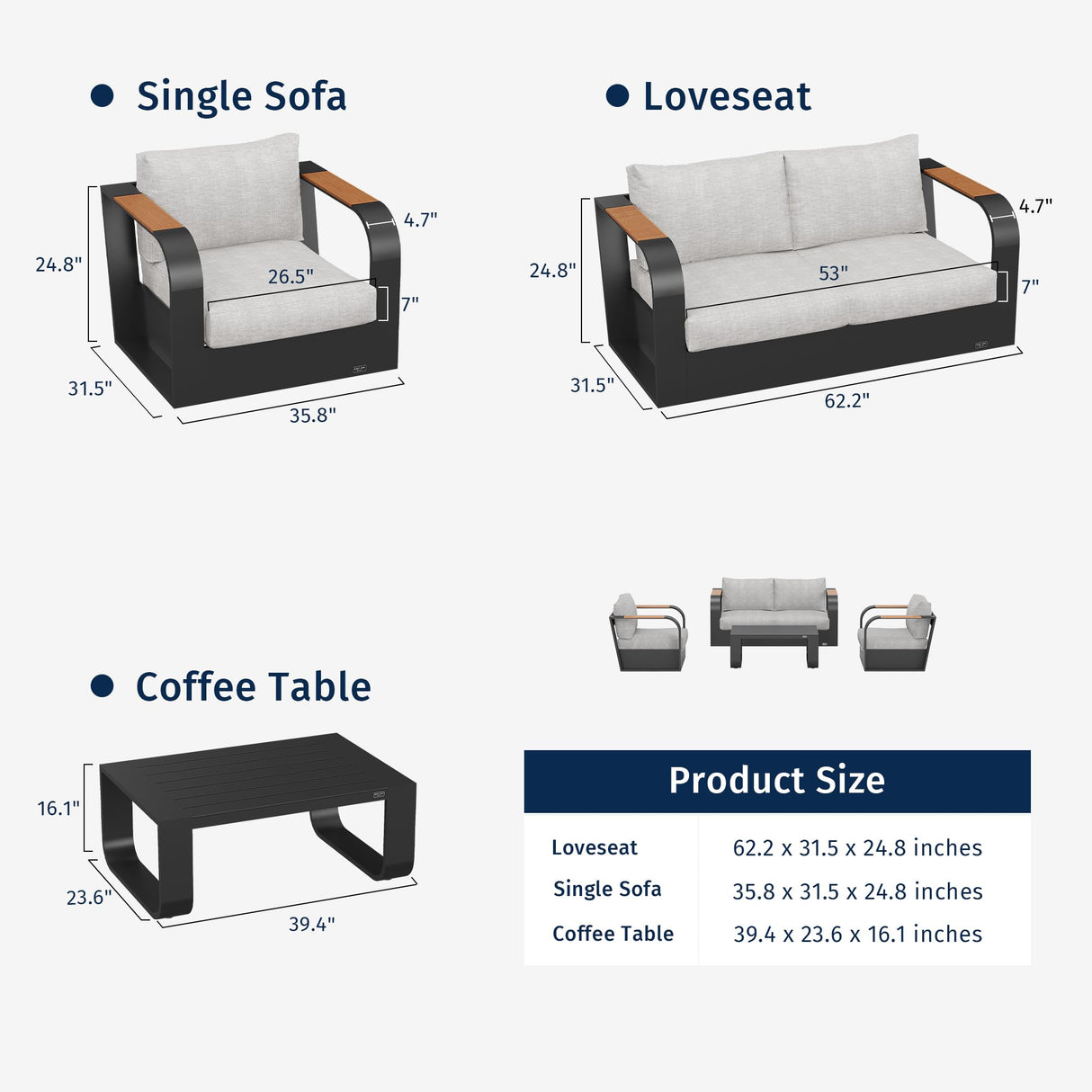 EAST OAK Signature 4 Pieces Patio Furniture Set, Outdoor Furniture with Aluminum Frame, Deep Seating Outdoor Loveseat and Coffee Table, Modern Patio Conversation Set for Porch and Balcony, Dark Grey EAST OAK