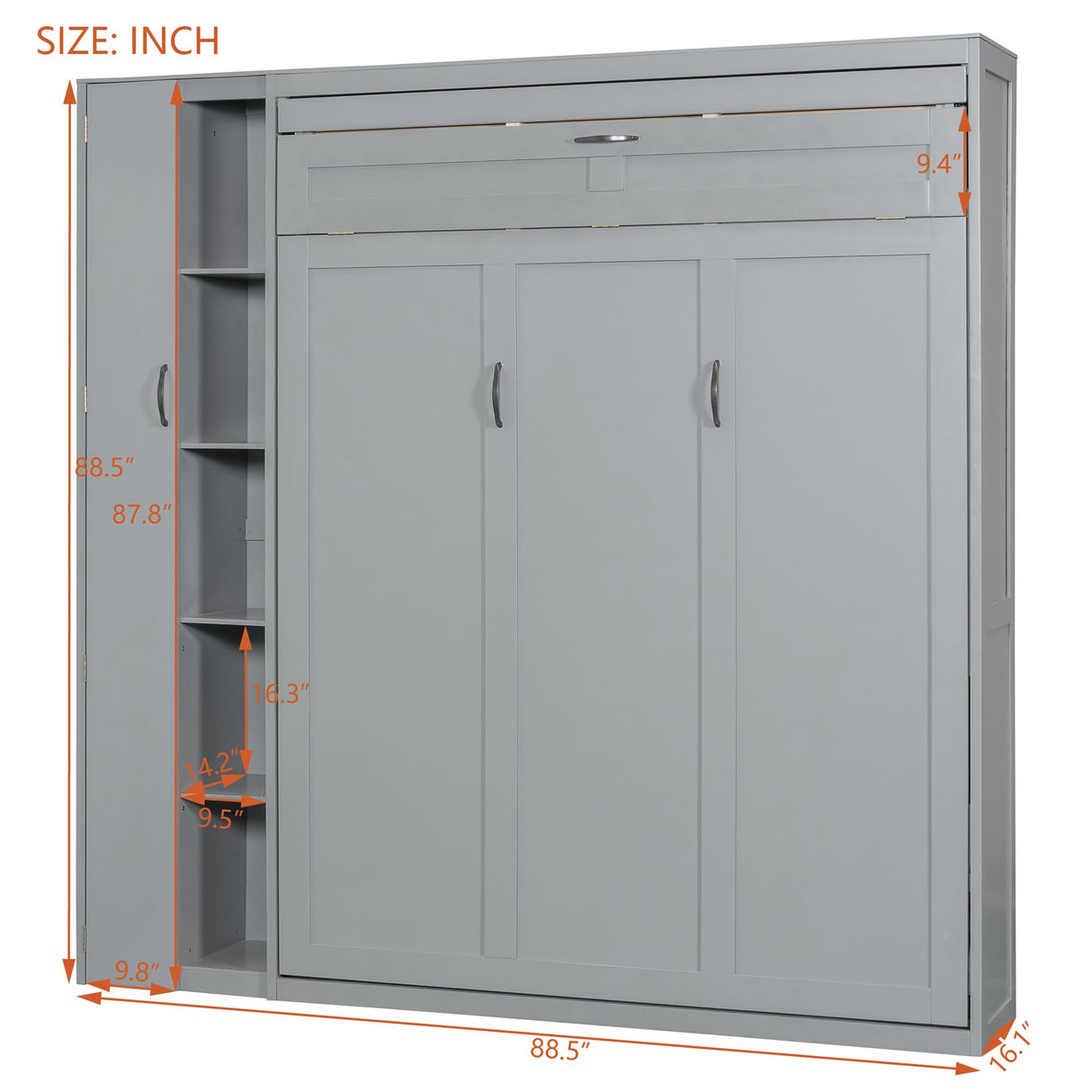 P PURLOVE Murphy Bed Queen, Wood Wall Bed with Shelves, Wardrobe and LED Lights, No Box Spring Needed (Gray) P PURLOVE