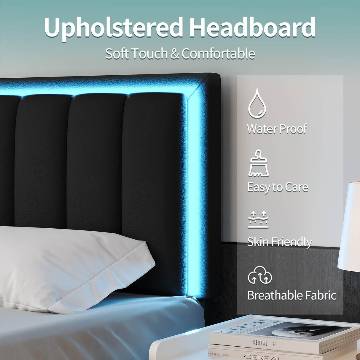 IMMERSTABLE Queen Bed Frame with LED Lights, Upholstered Bed Frame Queen Size with Headboard, Heavy Duty Wood and Metal Slats Support, Noise-Free, No Box Spring Needed, Easy Assembly, Black IMMERSTABLE