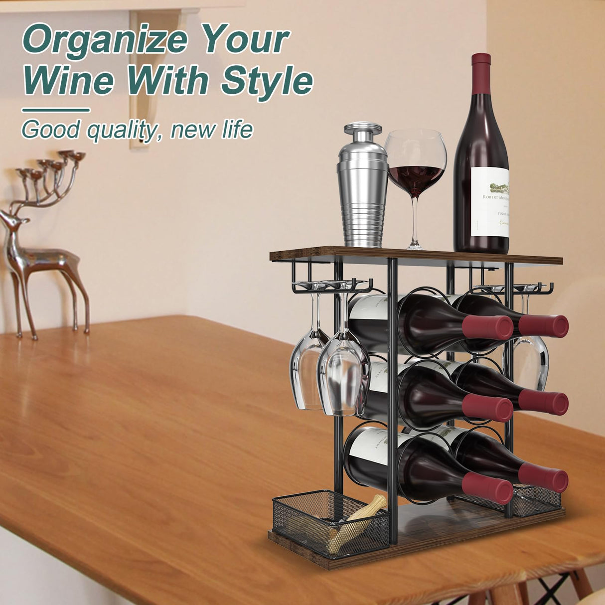 VyGrow Wine Rack, Sturdy Wine Holder, 3 Tier Wood & Metal Wine Racks Counertop, Easy Assembly Wine Bottle Holder for 6 Bottles and 4 Glasses for Home, 6.29" D x 16.14" W x 15.82" H VyGrow