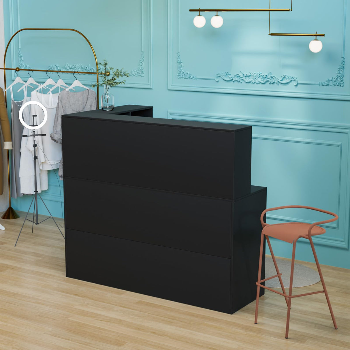 Modern Reception Desk, Moveable Shelves and Lockable Drawers, Retail Checkout Counter Table, for Lobby Beauty Salon Office (Black) OmySalon