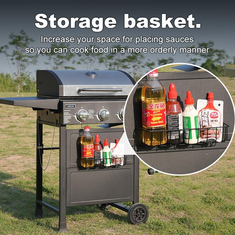LINGXI grill gas 3-Burner Propane Grill, Gas Grill with front hanging basket, 30000 BTU barbecue grill,gas bbq suitable for Backyard, Outdoor, Patio, Garden.Outside grill. LINGXI