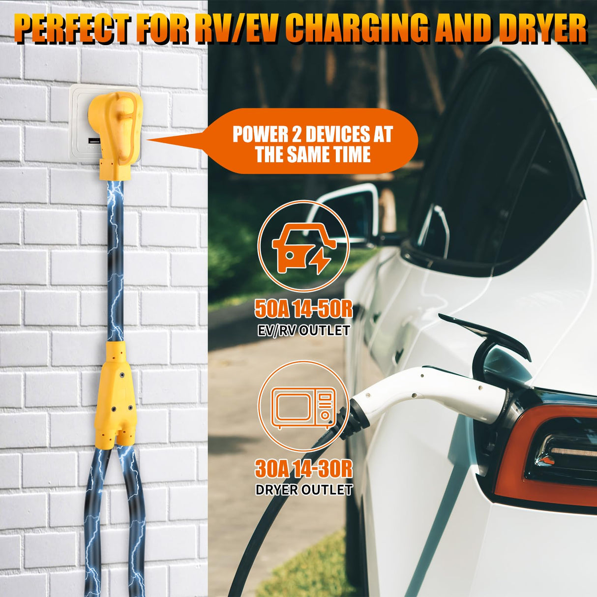 Kanayu 30 Amp Dryer Y Splitter to RV/EV NEma 14-30P to 14-50R/14-30R Adapter Dryer 4 Prong 30 to 50 Amp Y Adapter Cable for EV RV Charging at Dryer Outlet, 250 Volt, 10 AWG 4 Conductors, 3 ft(Yellow) Kanayu
