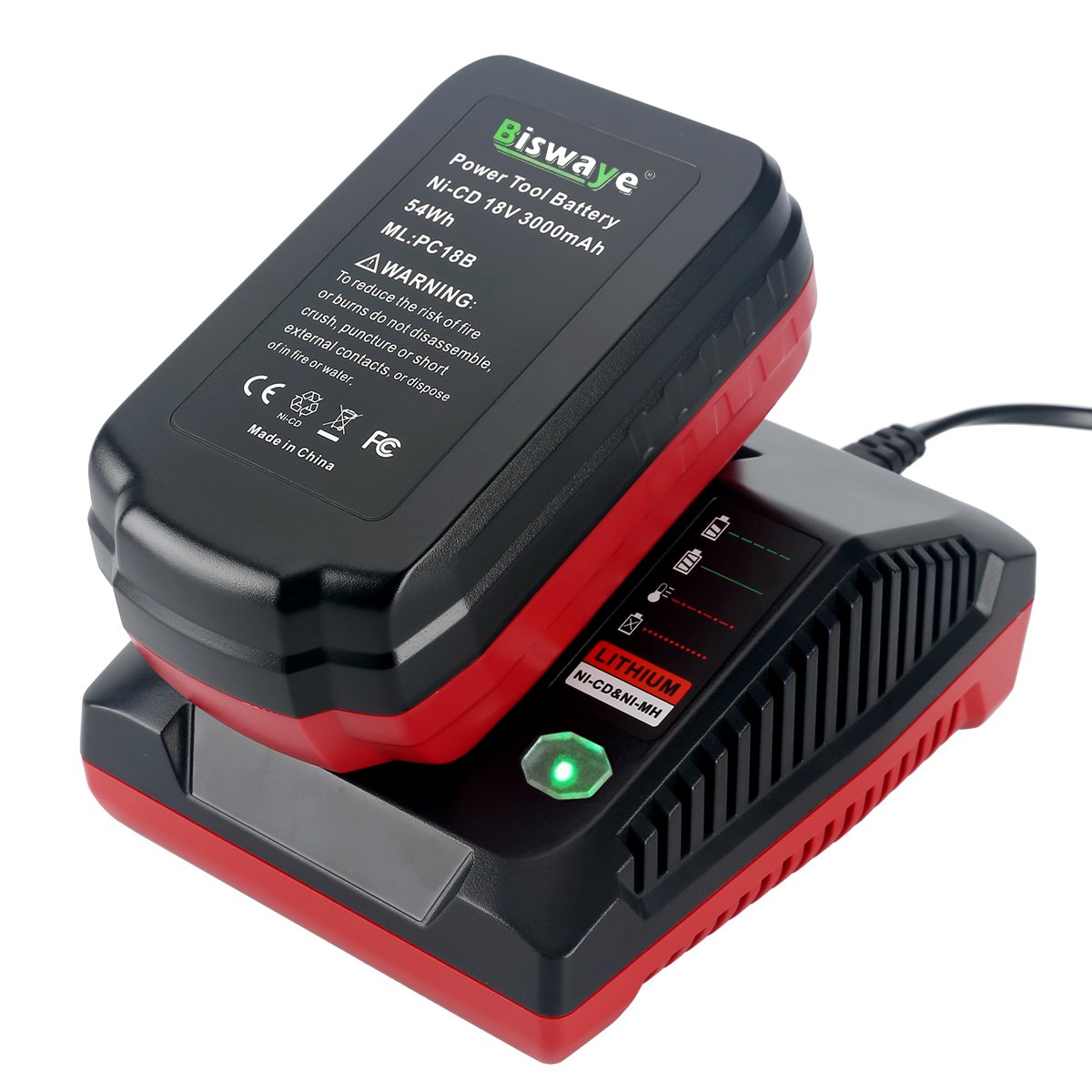 Biswaye PCXMVC 18V 3.0 A Fast Charger Compatible with Porter-Cable 18V Lithium & NiCad NiMh Battery PC18B PC18BLEX PCC489N PC18BL PC18BLX, Compatible with Porter Cable 18V Battery Charger Biswaye