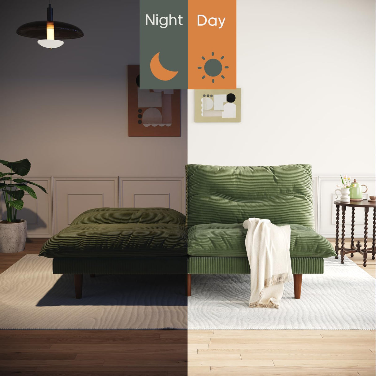 DreamDashio Futon Sofa Bed, 69 inch Futon Couch with Adjustable Backrest, Corduroy Convertible Sleeper Sofa Bed, Folding Sleeper Recliner for Apartment, Living Room, Office, Green DreamDashio