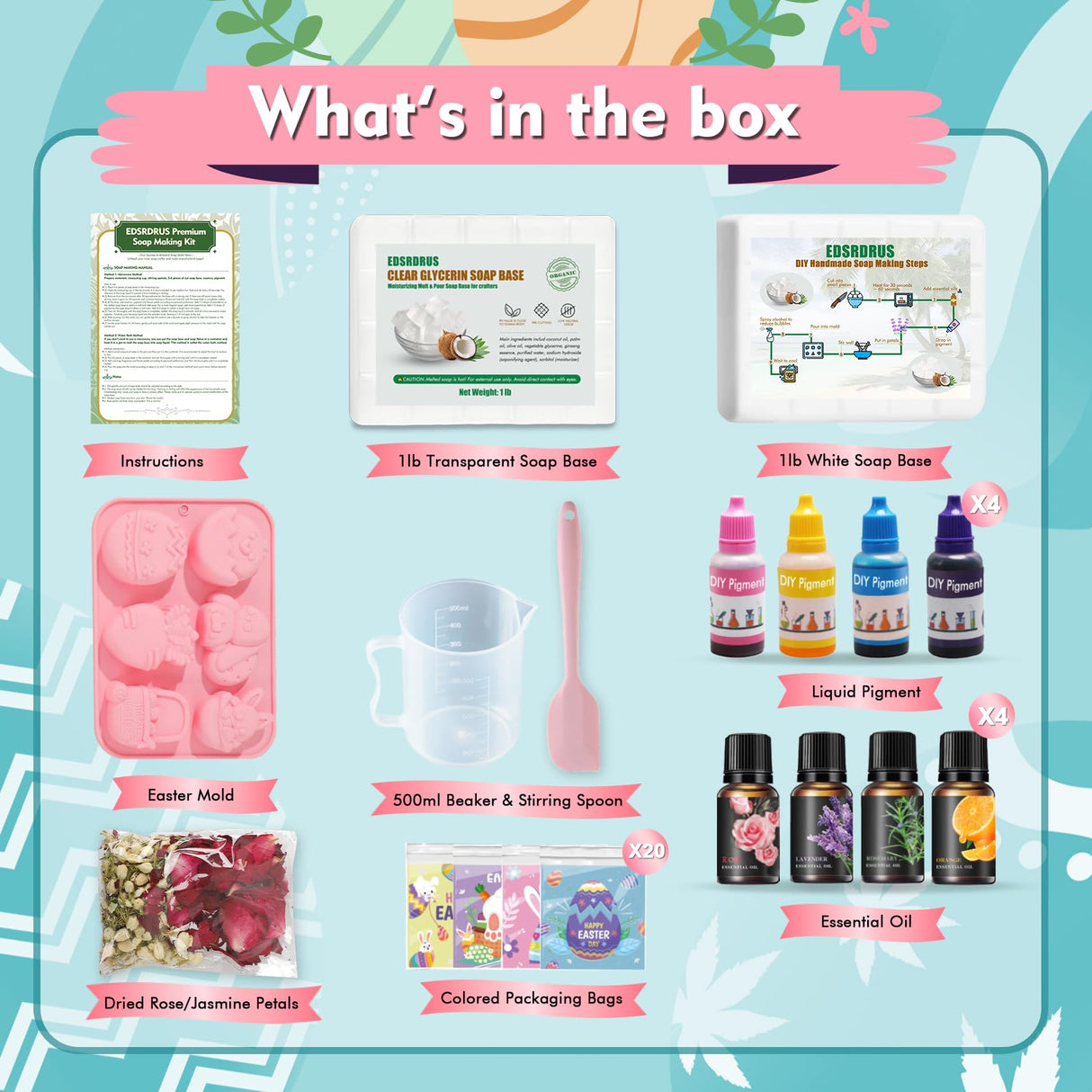 EDSRRDRUS Pink Soap Making Kit for Adults - 2lbs Glycerin Melt & Pour Soap Base, Essential Oils, Dyes, Easter Bunny Egg Flower Molds & Complete Soap Making Supplies EDSRDRUS