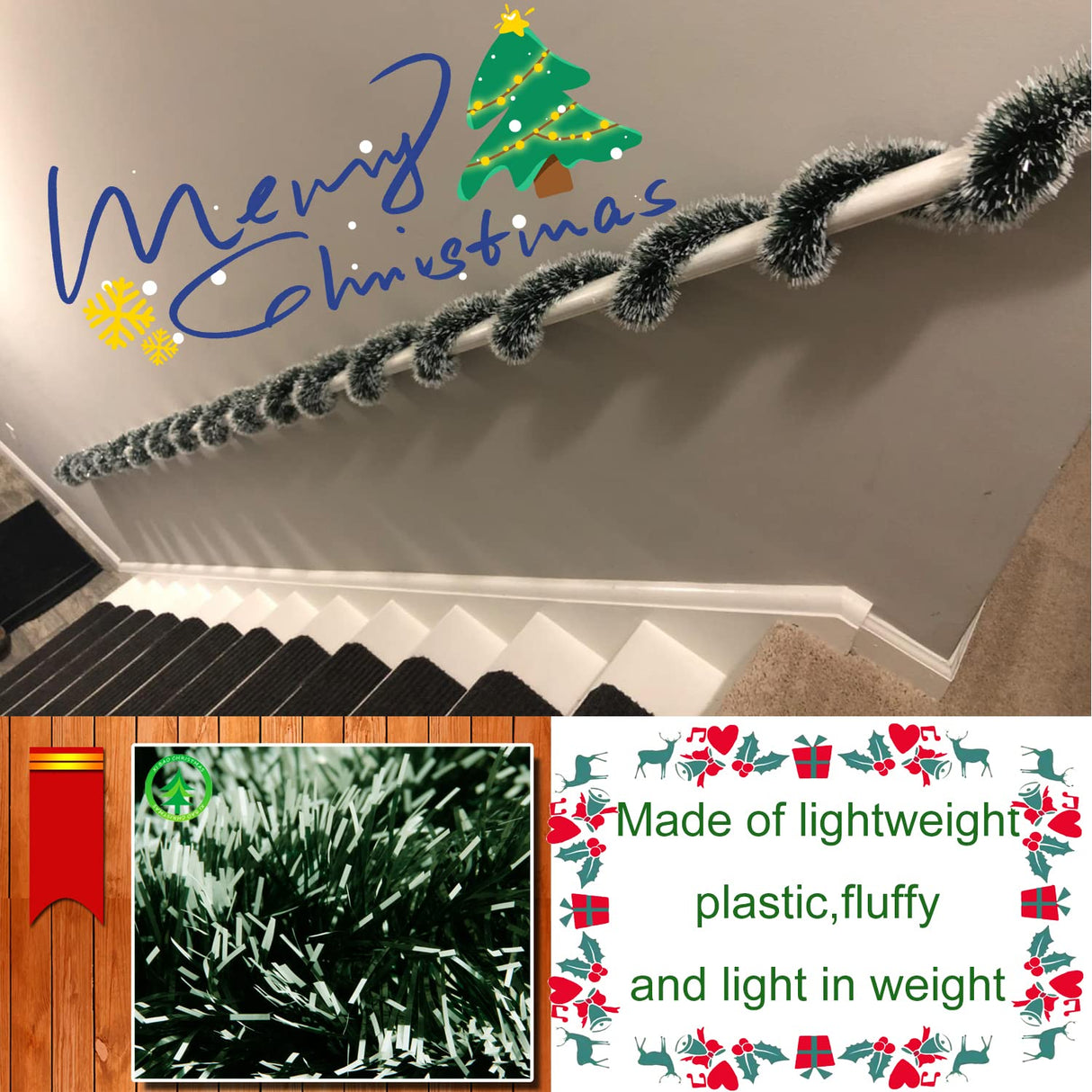 50 Feet Garland for Christmas Decorations,Green Snowy Garland,Artificial Christmas Pine Streamers for Party Hanging Ceiling Decorations Eerrhhaq