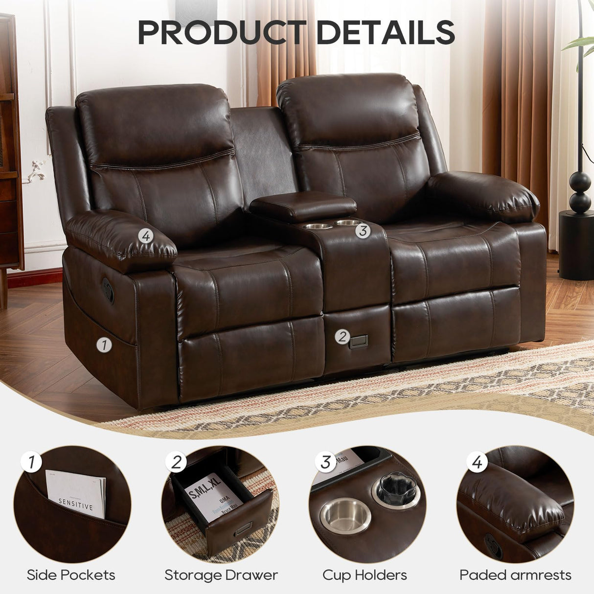 P.H.Furn Recliner Sofa, Reclining Loveseat Sofa with Massage & Heat, Reclining Couch with Side Pockets, Extra Storage, Cup Holders for Living Room P.H.Furn