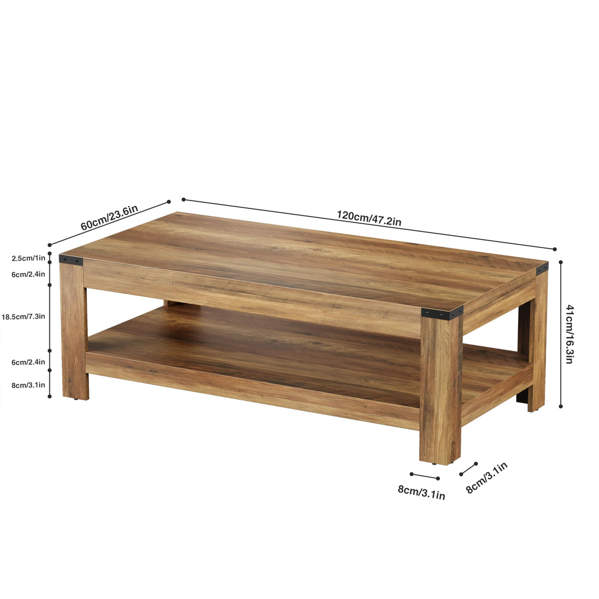 Farmhouse Coffee Table, 47.2" Modern Rustic Wooden Center Table with Storage, Rectangle Living Room Tables, 2-Tier Industrial Cocktail Tea Table for Living Room OWIPAW