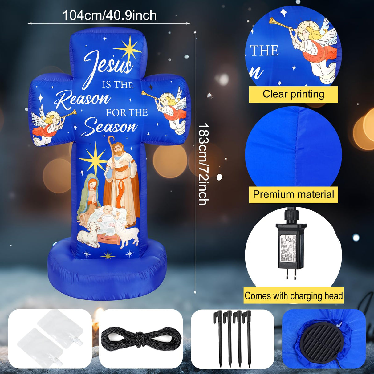 Civaner 6FT Christmas Inflatable Nativity Scene Decoration with Built in LED Lights, Jesus is The Reason for The Season Christmas Holy Nativity Decoration for Xmas Outdoor Yard Garden Lawn Civaner