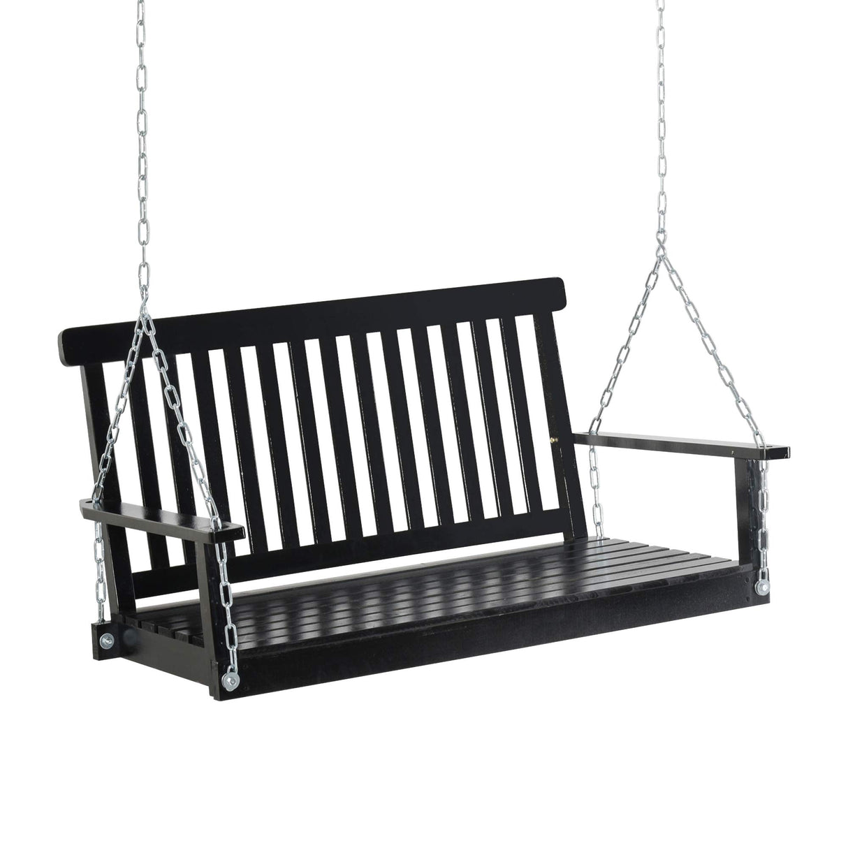 Outsunny 2-Seater Hanging Porch Swing Outdoor Patio Swing Chair Seat with Slatted Build and Chains, 440lbs Weight Capacity, Black Outsunny