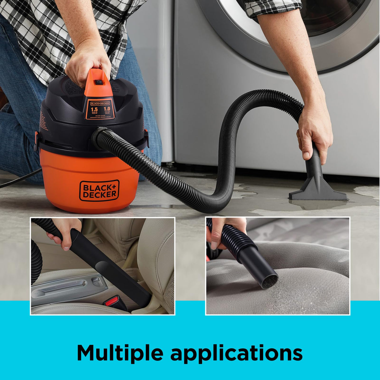BLACK+DECKER Shop Vacuum Wet and Dry, Small Shop Vac with Accessories, 1 Gallon 1.5 Peak HP, Wall Mount Mini Vacuum for Garage, Home and Pet, 60CFM (BDXV18101P-1H) BLACK+DECKER