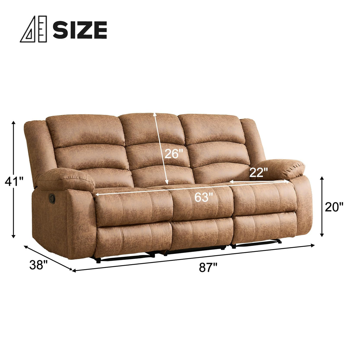 EBELLO Faux Leather Manual Reclining Sofa with 2 Concealed Cup Holders,Overstuffed Armrest 3 Seat Recliner Sofa, Couch for Living Room, Bedroom, Meeting Room, Light Brown(Sofa) EBELLO