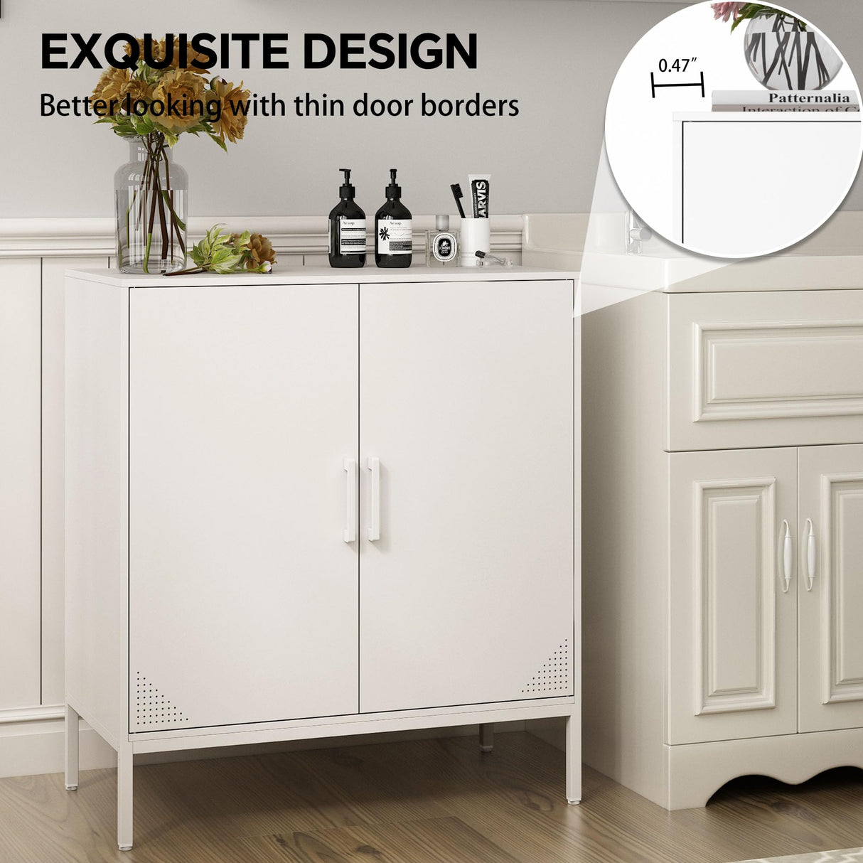 Metal Storage Cabinet with Adjustable Shelves, Steel Buffet Sideboard for Entryway, Living Room, Dining Room, Kitchen, Office, Bar (White) Steehoom