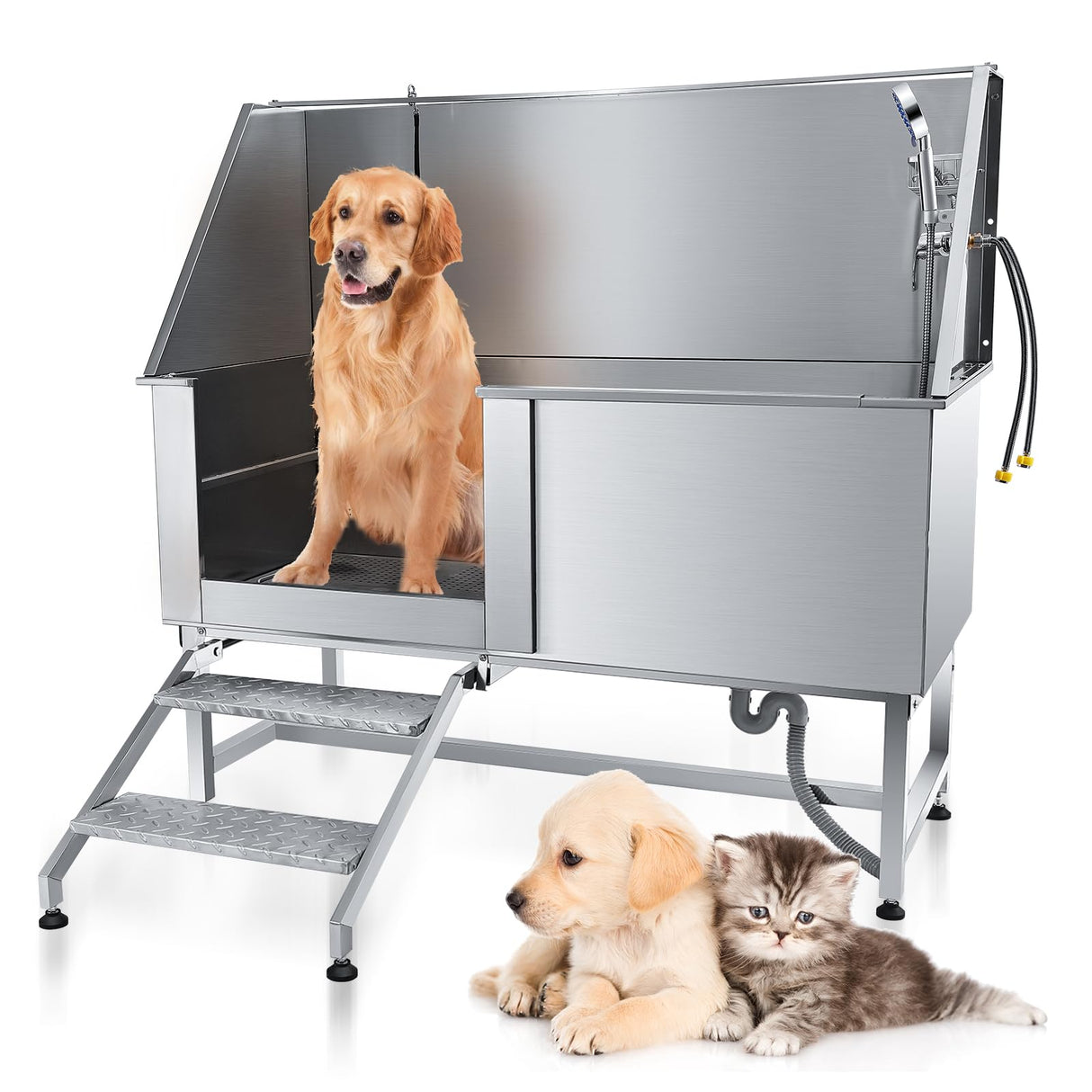 Yokrawpet 62" Pet Dog Bathing Station,Professional Stainless Steel Dog Grooming Tub,Pet Bathing Tub Dog Bathing Station with Faucet Walk-in Ramp Accessories,Commercial or Household use, (Extra Large) Yokrawpet