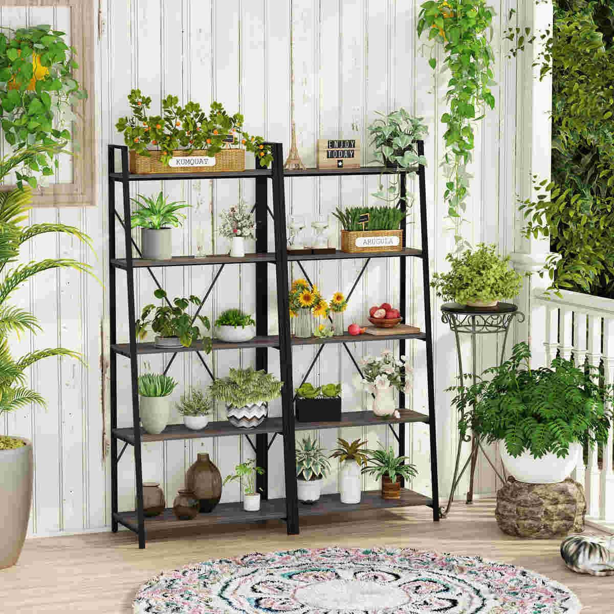 BON AUGURE 5-Tier Ladder Shelf, Industrial Leaning Bookcase, Wood and Metal Ladder Bookshelf for Living Room, Bedroom, Kitchen, Home Office (Grey Oak) BON AUGURE