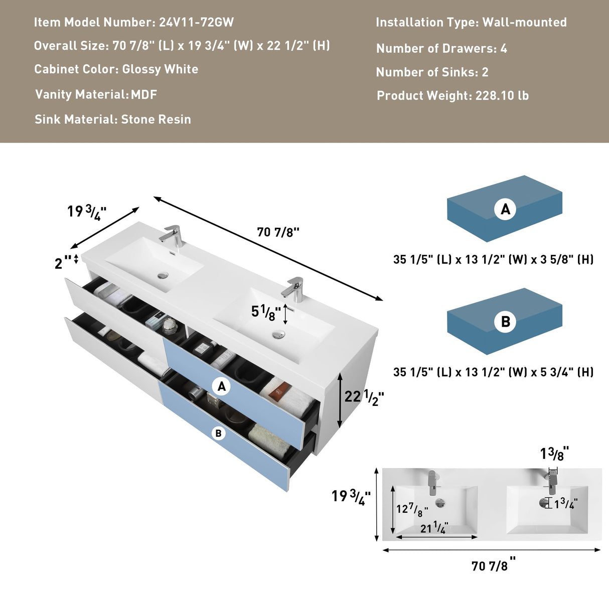 Gxcevsou 72" Floating Bathroom Vanity with Sink, Modern Wall-Mounted Bathroom Storage Vanity Cabinet with 2 Resin Top Basin and 4 Soft Close Drawers, Easy to Assemble, Glossy White Gxcevsou
